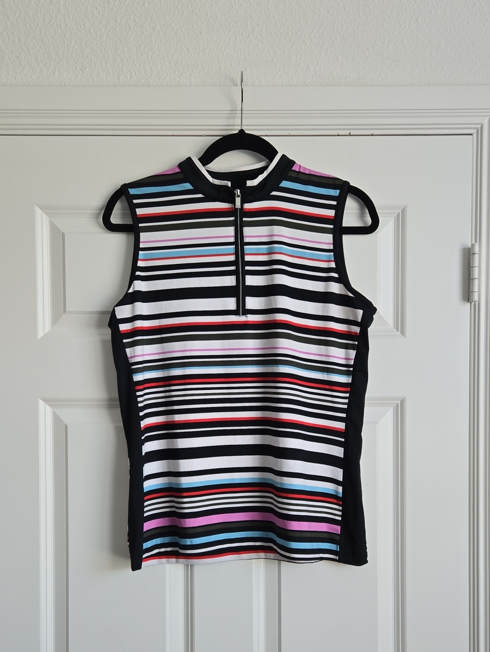 Striped Sleeveless Zip-Front Women's Top - Black Multicolor